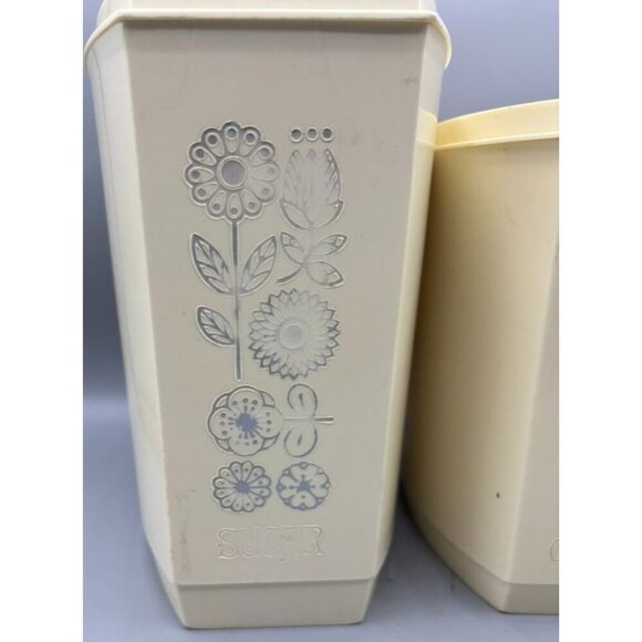Vintage 1970s Lustroware 3 Pc Canister Set Plastic Floral Beige Nesting - Picture 3 of 11